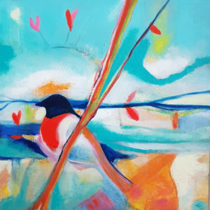 Turqoise black orange bird contemporary art by Lynn Farwell